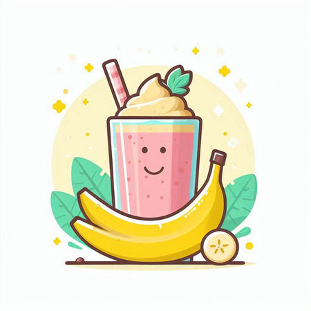 Smiling banana smoothie with whipped cream and fresh bananas. Vector illustration.のイラスト素材