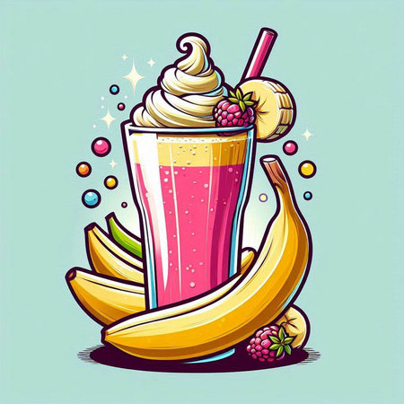Banana milkshake with whipped cream and fresh fruit. Vector illustration.のイラスト素材