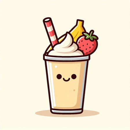 Cute milkshake with whipped cream and fruits. Vector illustration.のイラスト素材