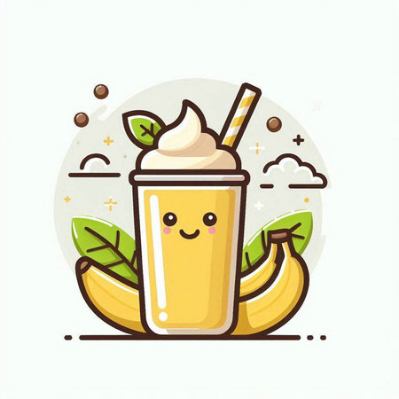 Cute banana smoothie with whipped cream in a glass. Vector illustration.のイラスト素材