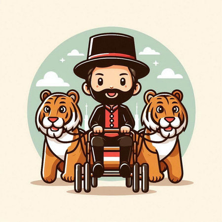 Magician with a group of tigers in a wheelchair. Vector illustration.のイラスト素材