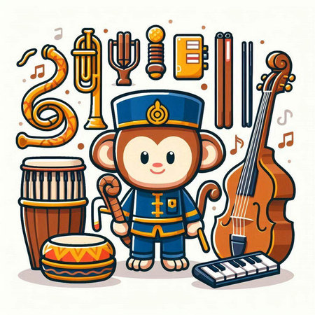 Musical instruments. Vector illustration of a cute monkey playing the instrument.のイラスト素材
