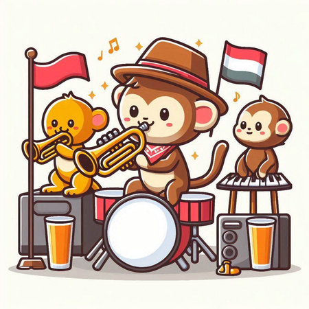 Monkey playing the trumpet and playing the trumpet. Vector illustration.のイラスト素材