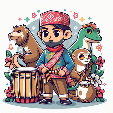 Vector illustration of a boy in traditional costume playing the drum with animalsのイラスト素材