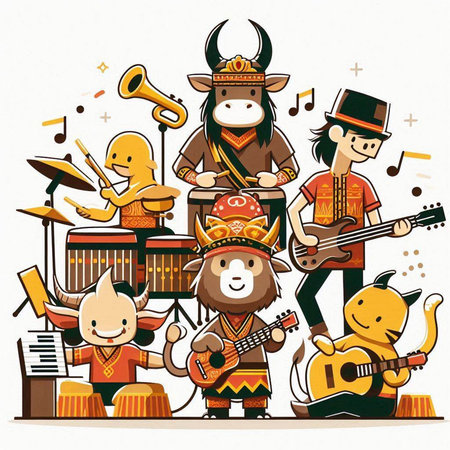 Vector illustration of a group of children playing musical instruments in cartoon style.のイラスト素材
