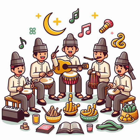 Vector illustration of muslim people playing musical instruments and singing songs.のイラスト素材