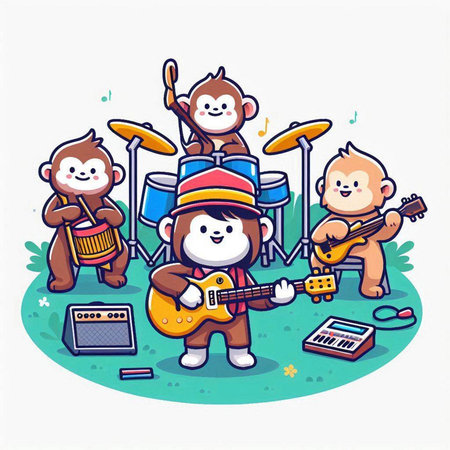 Cute monkeys playing musical instruments in the park. Vector illustration.のイラスト素材
