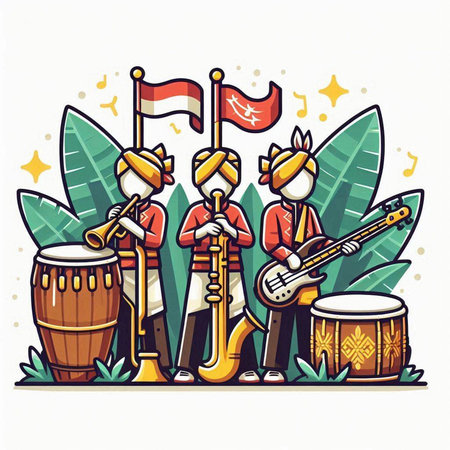 Vector illustration of people in national clothes playing musical instruments and singing.のイラスト素材