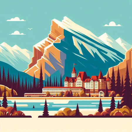 Mountains and lake in the background. Vector illustration in retro style.のイラスト素材