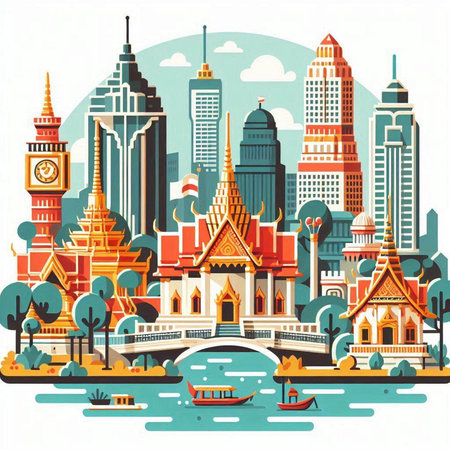 Bangkok cityscape with famous landmarks, vector illustration in flat styleのイラスト素材