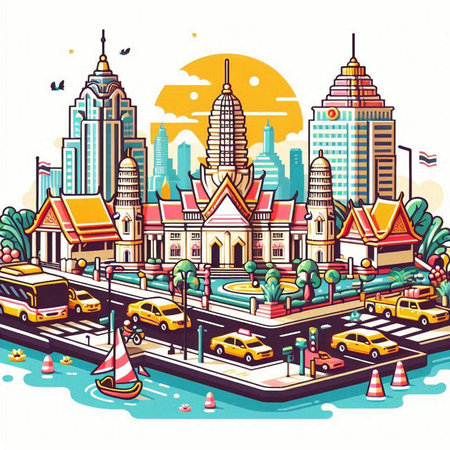 Cityscape of Bangkok, Thailand. Vector illustration in retro style.のイラスト素材