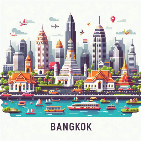 Bangkok cityscape with skyscrapers, boats and river. Vector illustrationのイラスト素材