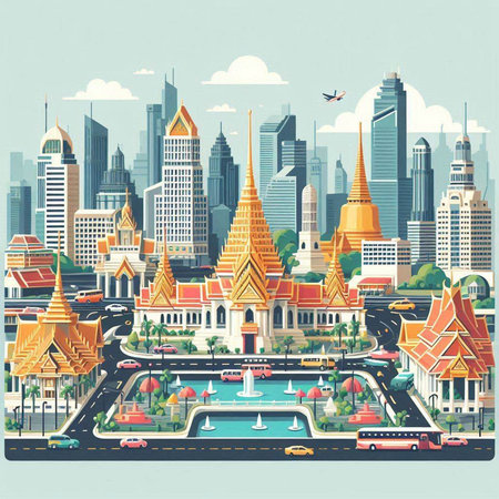 Bangkok cityscape, Thailand. Vector illustration in flat style.のイラスト素材