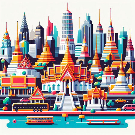 Thailand travel concept. Vector illustration of Bangkok city with famous landmark.のイラスト素材