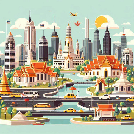 Cityscape of Bangkok, Thailand. Vector illustration in flat style.のイラスト素材