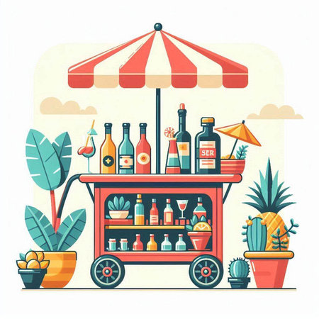 Street food cart with bottles of wine and cacti. Vector illustrationのイラスト素材