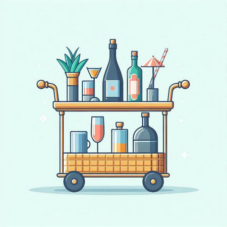 Bottles of wine on the cart. Vector illustration in flat styleのイラスト素材