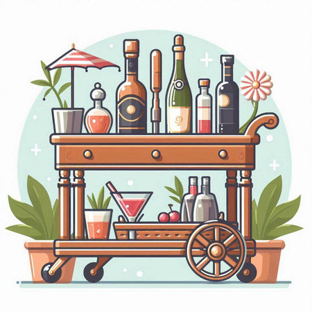 Vintage bar counter with bottles of wine. Vector illustration in flat styleのイラスト素材