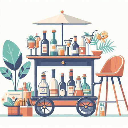 Cocktail bar counter with bottles. Vector illustration in flat styleのイラスト素材
