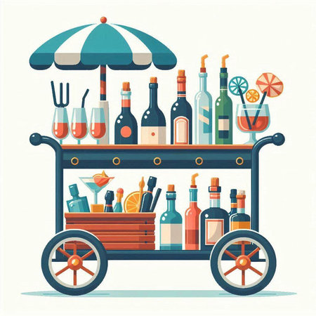 Cart with alcohol drinks. Vector illustration in flat style. Alcohol shop.のイラスト素材