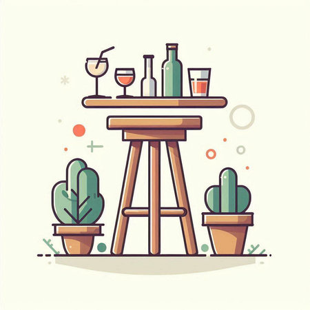 Vector illustration of a bar counter with drinks and cacti.のイラスト素材