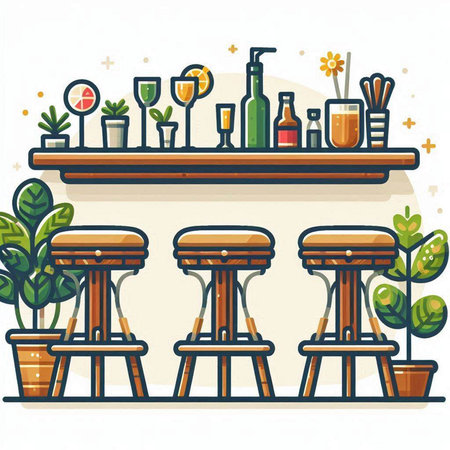 Vector illustration of a bar counter with chairs, bottles and glasses.のイラスト素材
