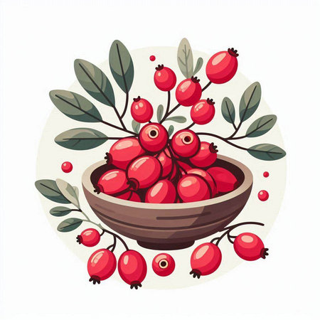 Ceramic bowl with berries of wild rose. Vector illustration.のイラスト素材