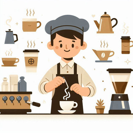 Coffee barista making a cup of coffee. Vector illustration.のイラスト素材