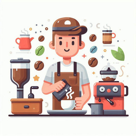 Coffee shop concept. Male barista making coffee. Vector illustration in flat styleのイラスト素材