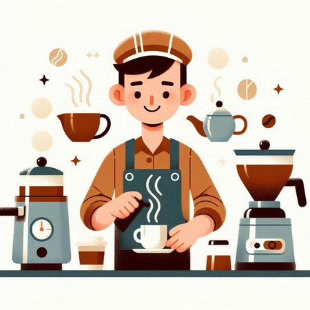Coffee shop. A young man in apron is making coffee. Vector illustration.のイラスト素材