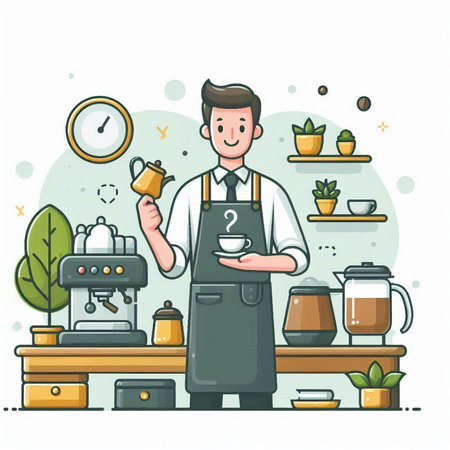 Coffee shop, barista. Vector illustration in cartoon styleのイラスト素材