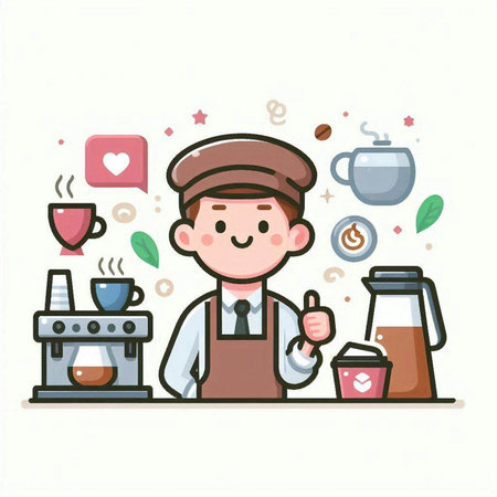 Coffee shop. Vector illustration of a coffee shop worker.のイラスト素材