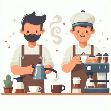 Coffee shop, barista and barista making coffee. Vector illustrationのイラスト素材