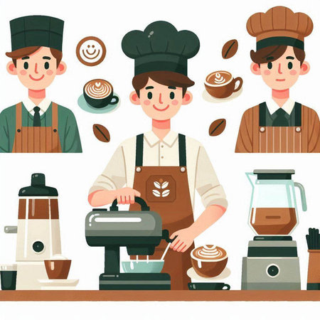 Coffee shop vector illustration. Barista and coffee maker.のイラスト素材