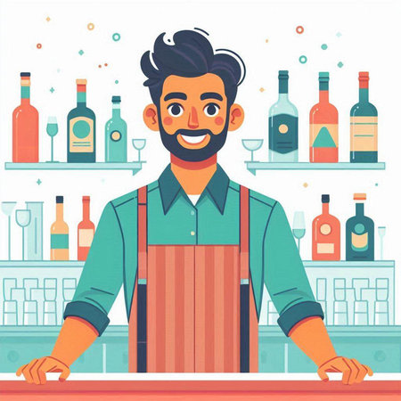 Handsome barista in apron standing at the bar counter. Vector flat illustrationのイラスト素材