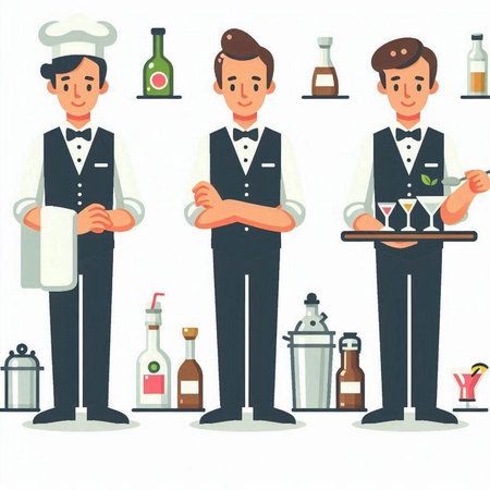 Illustration of a waiter in a flat style. Vector illustration.のイラスト素材
