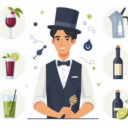 Barman in top hat and top hat with cocktail. Vector illustrationのイラスト素材