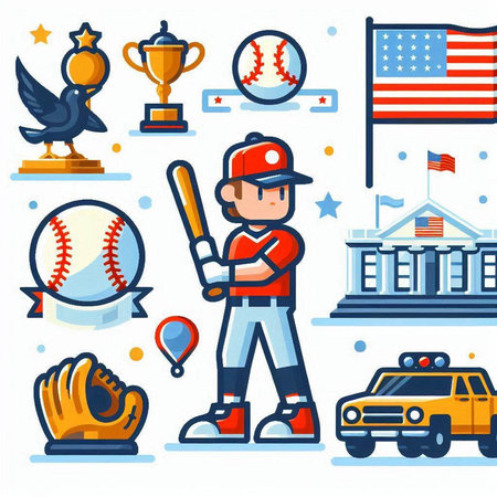 Baseball sport icons set in flat style. Vector illustration of baseball player with baseball bat, ball, helmet, ball, trophy, flag and carのイラスト素材