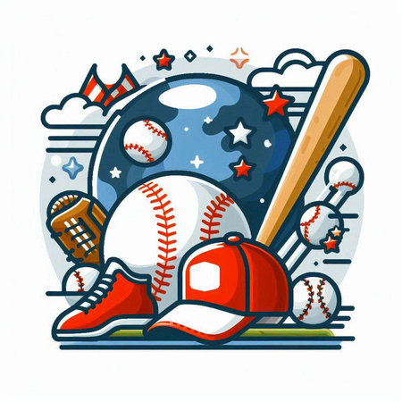 Baseball emblem with ball, bat and helmet. Vector illustration.のイラスト素材