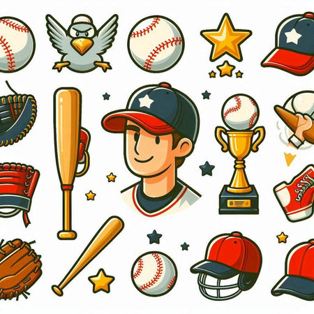 Baseball and baseball equipment icons set. Cartoon illustration of baseball and baseball equipment vector icons for web designのイラスト素材