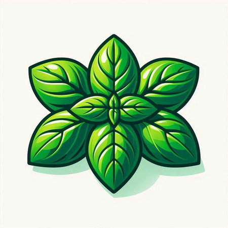 Illustration of a green basil leaf isolated on a white background.のイラスト素材