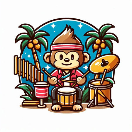 Cute monkey playing the drums on the beach. Vector illustration.のイラスト素材