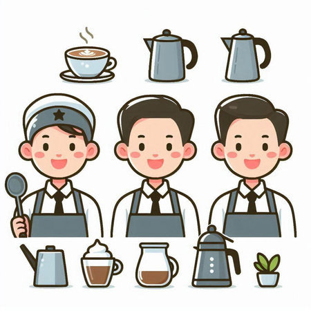 Coffee shop staff and coffee shop staff character vector illustration.のイラスト素材