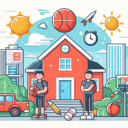 Vector illustration of school building with students and school supplies on background.のイラスト素材