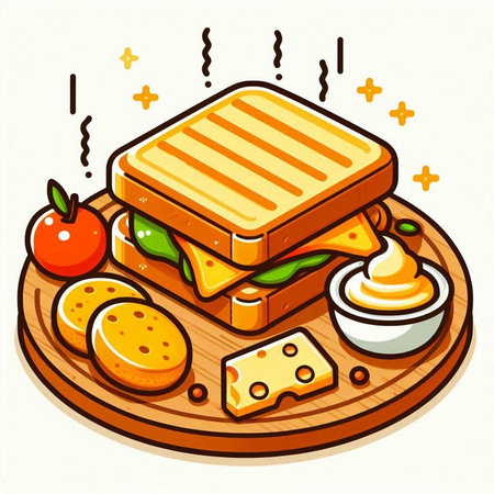 Sandwich with cheese and vegetables on a wooden board. Vector illustration.のイラスト素材