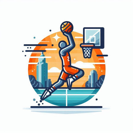 Basketball player in action. Vector illustration in flat linear style.のイラスト素材