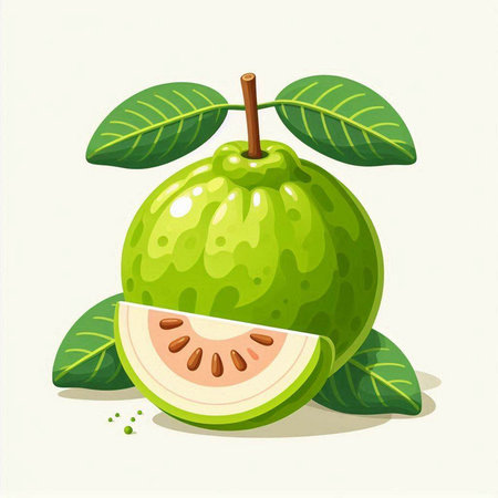 Fresh guava fruit with green leaves isolated on white background. Vector illustration.のイラスト素材