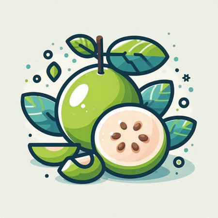 Fresh guava fruit with leaves. Vector illustration in cartoon style.のイラスト素材