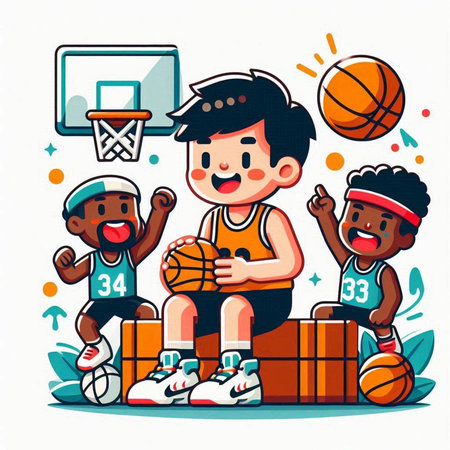Children playing basketball. Boys and girls playing basketball. Cartoon vector illustrationのイラスト素材