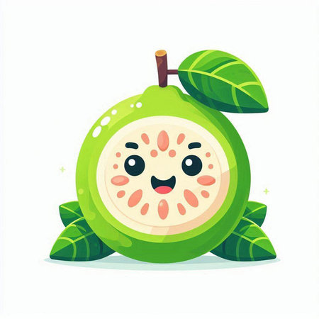 Cute cartoon guava fruit character with green leaves. Vector illustrationのイラスト素材